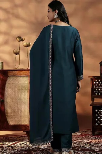 Teal blue vichitra heavy thread embroidery work kurta pant set