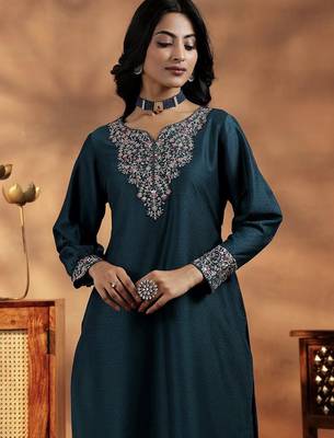 Teal blue vichitra heavy thread embroidery work kurta pant set 4