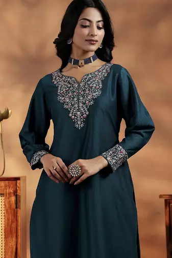 Teal blue vichitra heavy thread embroidery work kurta pant set