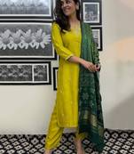 Lemon chanderi silk heavy thread embroidery work with printed dupatta kurta pant set