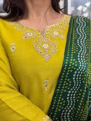 Lemon chanderi silk heavy thread embroidery work with printed dupatta kurta pant set 3