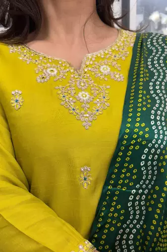 Lemon chanderi silk heavy thread embroidery work with printed dupatta kurta pant set