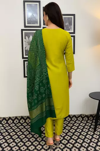Lemon chanderi silk heavy thread embroidery work with printed dupatta kurta pant set