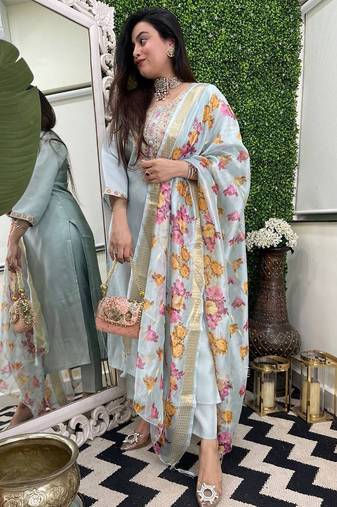 Sky viscose chanderi heavy thread embroidery work with jacquard butti dupatta kurta pant set