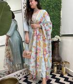 Sky viscose chanderi heavy thread embroidery work with jacquard butti dupatta kurta pant set