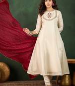 Cream vichitra silk heavy thread embroidery work kurta pant set