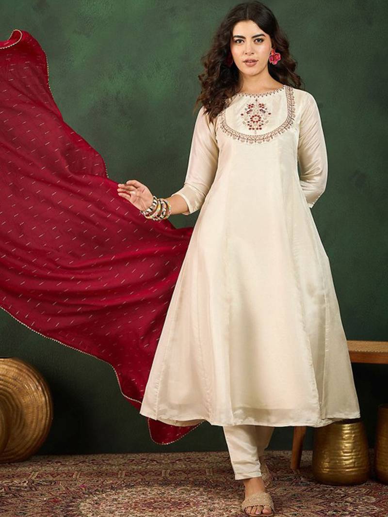 Cream vichitra silk heavy thread embroidery work kurta pant set