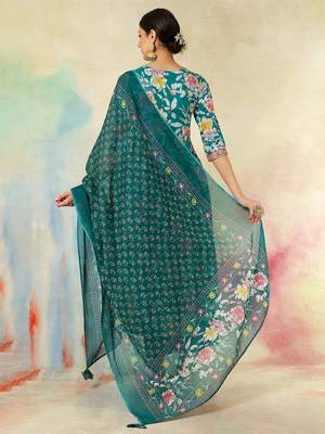 Teal green cotton print with thread embroidery work kurta pant set 3