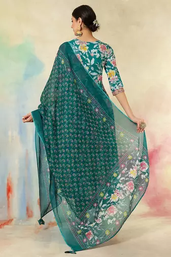 Teal green cotton print with thread embroidery work kurta pant set