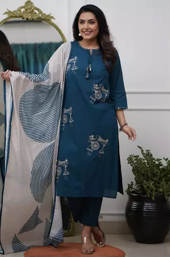 Blue pure silk heavy thread embroidery work with printed dupatta kurta pant set