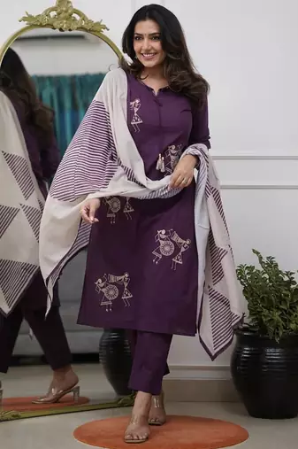 Wine pure silk heavy thread embroidery work with printed dupatta kurta pant set