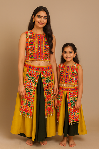 Navratri Yellow and Green Ethnic Skirt Sets with Vibrant Mirror Embroidery
