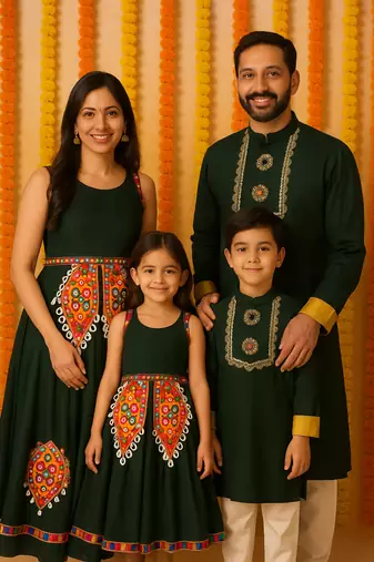 Garba Family Combo outfits with Heart Motif Mirror Work.