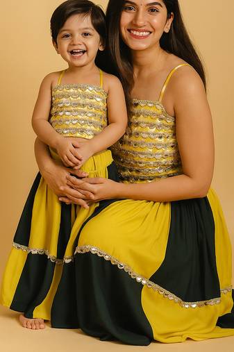 Navratri Mother Daughter Lehenga Set with mirror work.