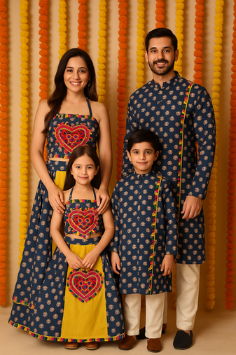 Navratri Family Combo – Navy Blue & Mustard Set with Heart Motif Mirror Work