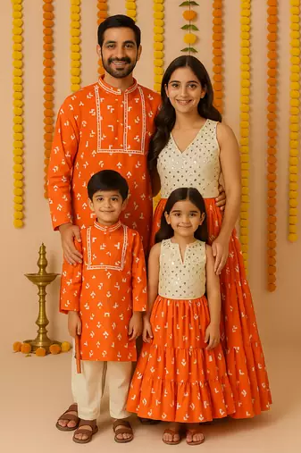 Garba Family Combo outfits with mirror work and floral Print Details.