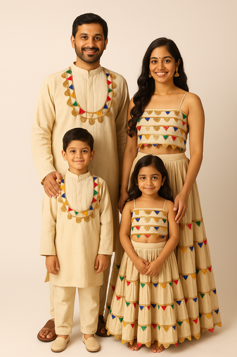 Navratri Family Combo Outfits with Colorful Triangle Lace Detailing.