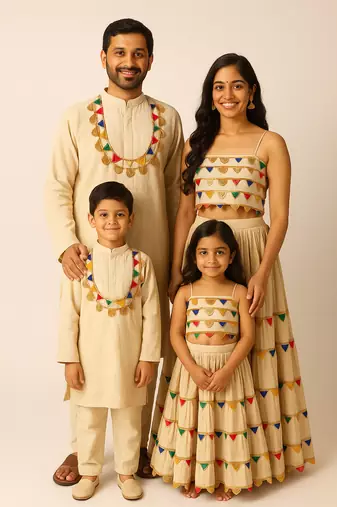 Navratri Family Combo Outfits with Colorful Triangle Lace Detailing.