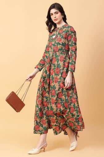 Green printed cotton long-kurtis
