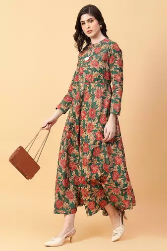 Green printed cotton long-kurtis