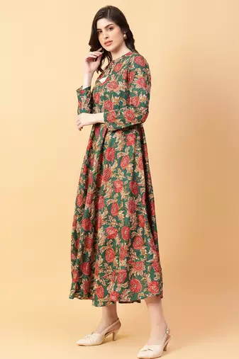 Green printed cotton long-kurtis