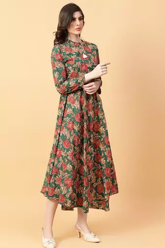 Green printed cotton long-kurtis
