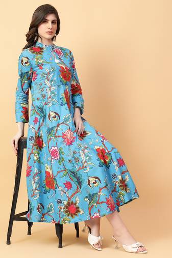 Turquise blue printed cotton long-kurtis