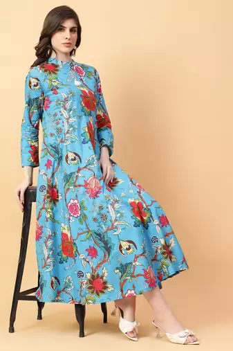Turquise blue printed cotton long-kurtis