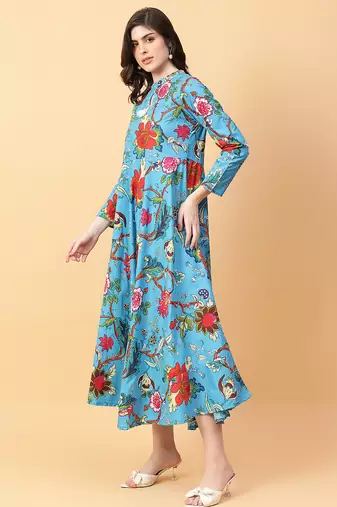 Turquise blue printed cotton long-kurtis