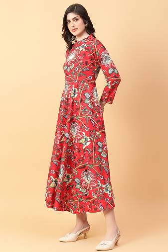 Red printed cotton long-kurtis