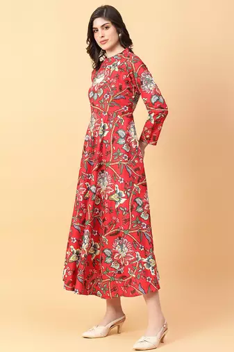 Red printed cotton long-kurtis