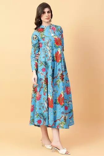 Turquise blue printed cotton long-kurtis