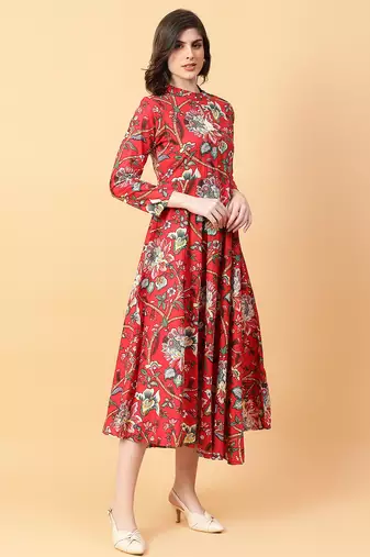 Red printed cotton long-kurtis