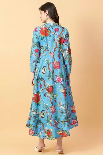 Turquise blue printed cotton long-kurtis