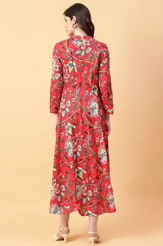 Red printed cotton long-kurtis