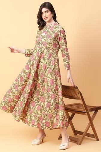Beige printed cotton long-kurtis