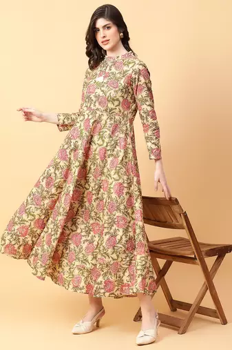 Beige printed cotton long-kurtis
