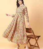 Beige printed cotton long-kurtis