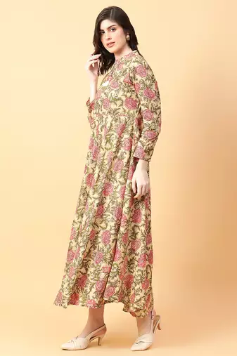 Beige printed cotton long-kurtis