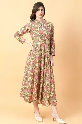 Beige printed cotton long-kurtis