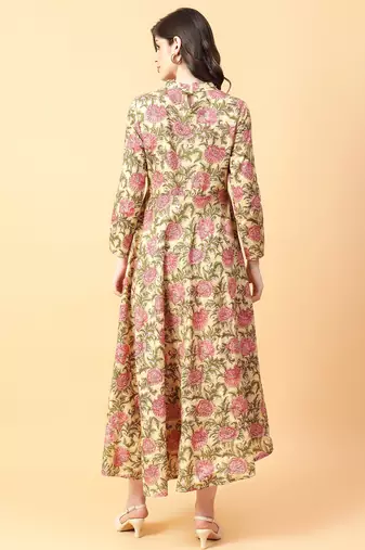 Beige printed cotton long-kurtis