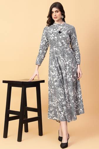 Grey printed cotton long-kurtis