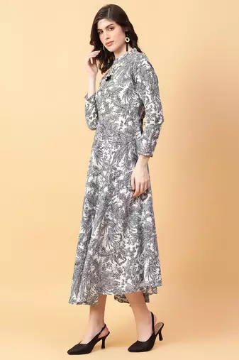 Grey printed cotton long-kurtis