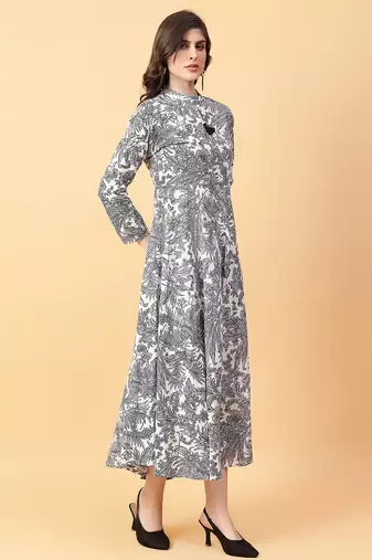 Grey printed cotton long-kurtis