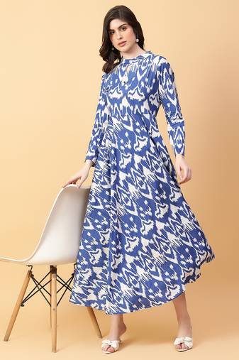 Blue printed cotton long-kurtis