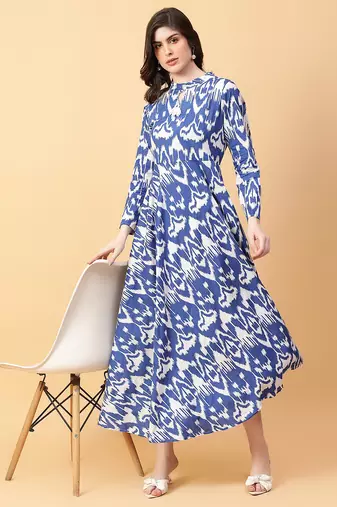 Blue printed cotton long-kurtis