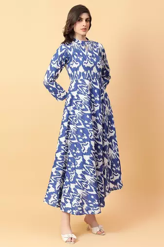 Blue printed cotton long-kurtis