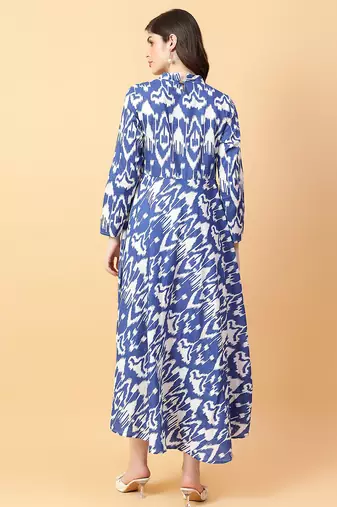 Blue printed cotton long-kurtis
