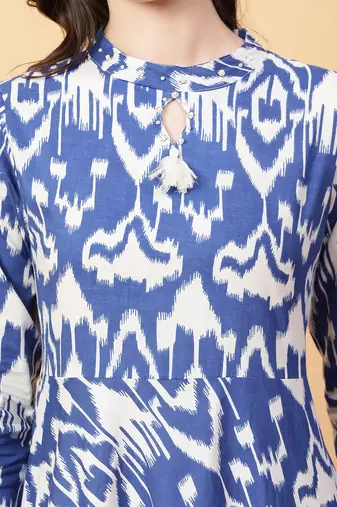 Blue printed cotton long-kurtis