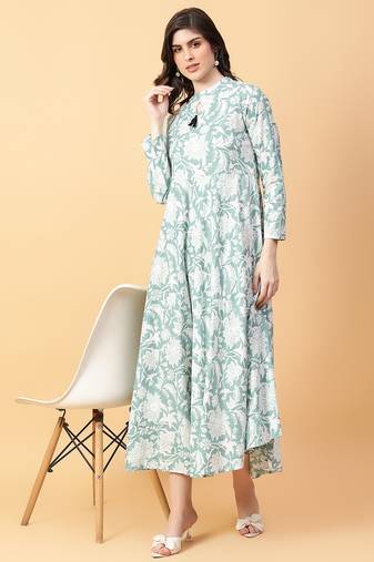 Green printed cotton long-kurtis